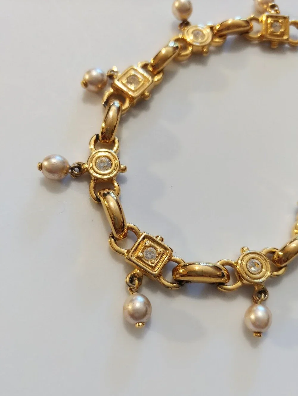 Vintage Joan Rivers Goldtone Faux Pearl and Rhinestone Link Bracelet